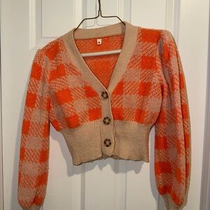 Vibrant Checkered Cardigan in Orange and Cream